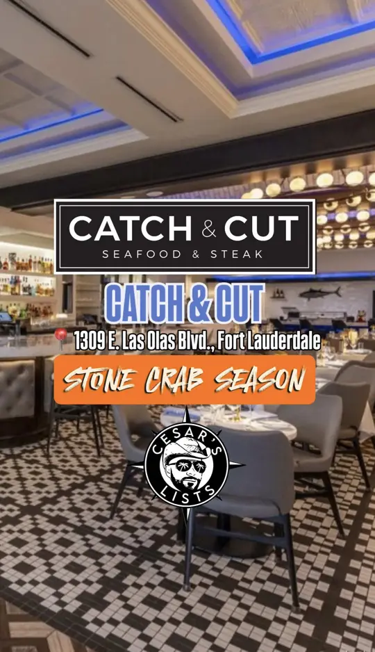 Catch & Cut in Fort Lauderdale showing review, visit, stone crabs, sushi rolls, snow crab escargot, video by cesarslists on TikTok