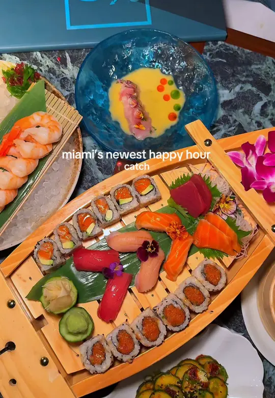 Catch in Miami Beach showing happy hour, food starting at $7, cocktails at $12, video by eatwithdami on TikTok