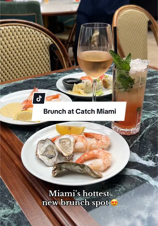 Catch in Miami Beach showing brunch, food stations, prosecco, rosé, video by jumeireles_miami on TikTok