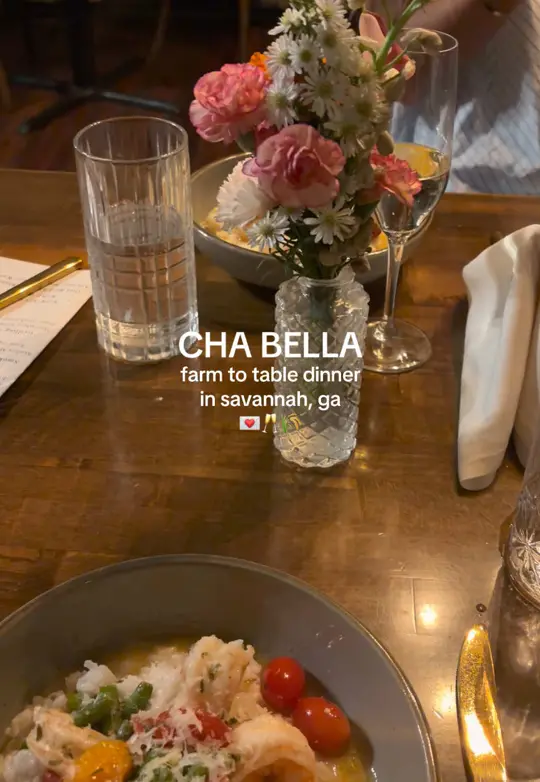 Cha Bella in Savannah showing food recommendation, pinot grigio, georgia shrimp risotto, video by alexisderickson on TikTok
