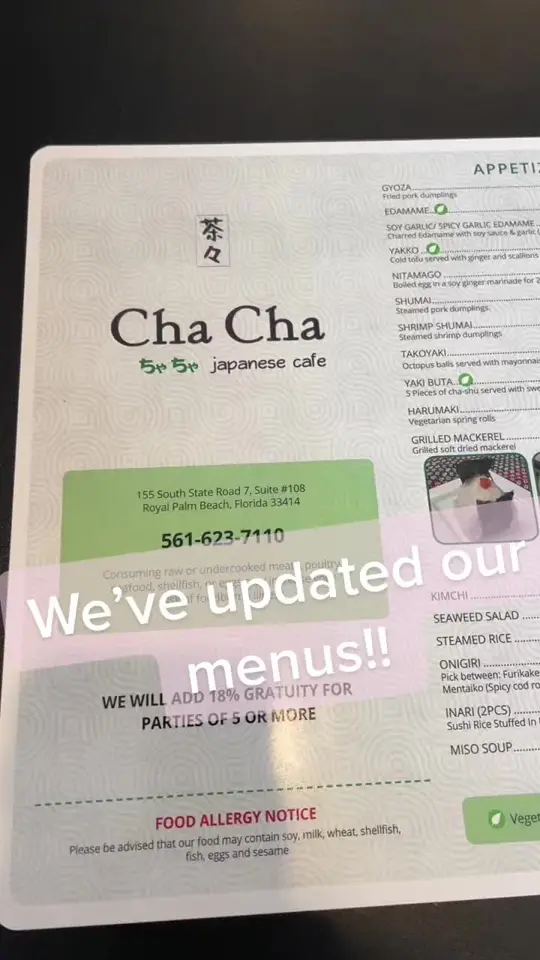 Cha-Cha Japanese Cafe in Royal Palm Beach showing menu update, japanese food, video by chachacafeinc on TikTok