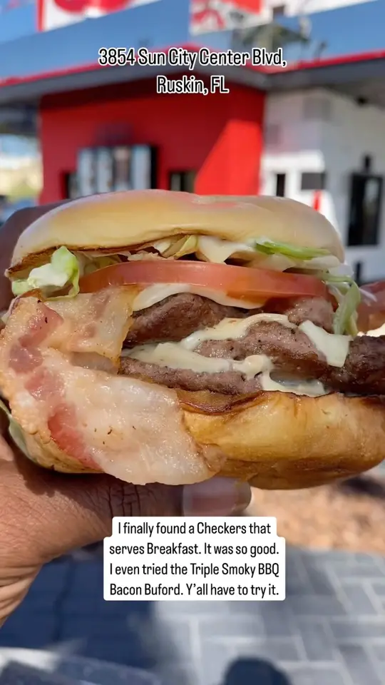 Checkers in Port Charlotte showing review, visit, breakfast, triple smoky bbq bacon buford, video by Anthony Gilbert on Facebook