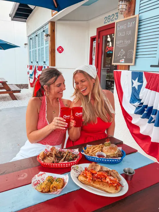 Cheeky's Fish & Raw Bar in St. Petersburg showing food, fried clam rolls, food, clam toast, food, new england clam chowder, food, garlic butter shrimp, food, lobster roll, drink, frozen espresso martini, video by sunkissedinstpete on TikTok