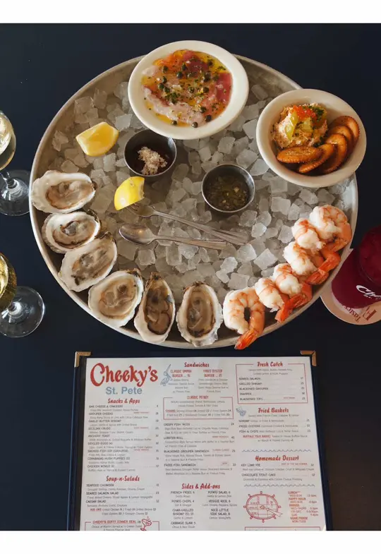 Cheeky's Fish & Raw Bar in St. Petersburg showing visit, review, seafood tower, smash burger, lobster roll, happy hour, video by laurenwestroberts on TikTok