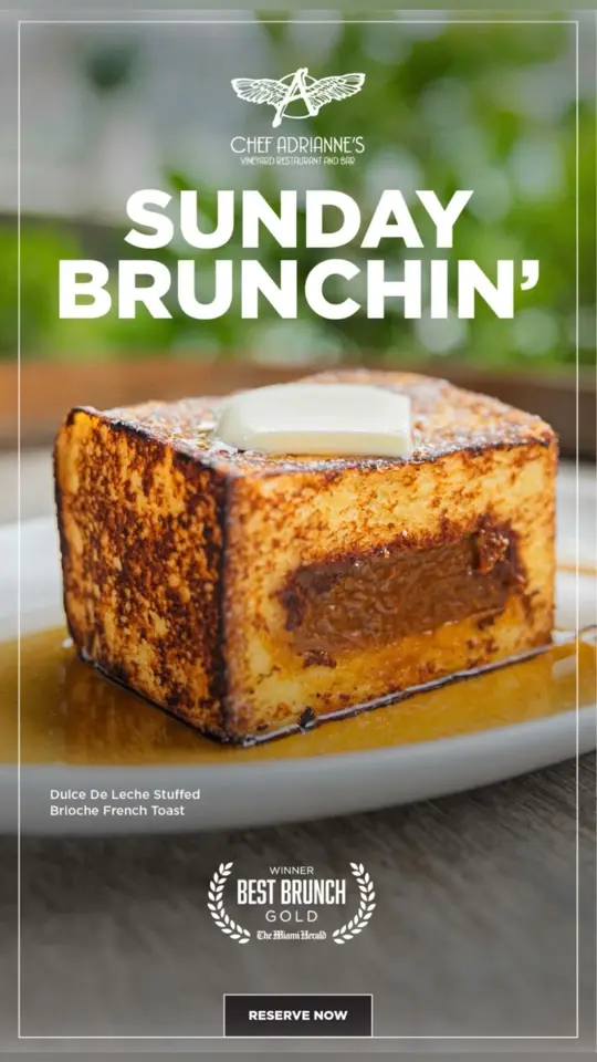 Chef Adrianne's Vineyard Restaurant and Bar in Miami showing food, dulce de leche stuffed brioche french toast, video by Chef Adrianne’s Vineyard Restaurant and  on Facebook