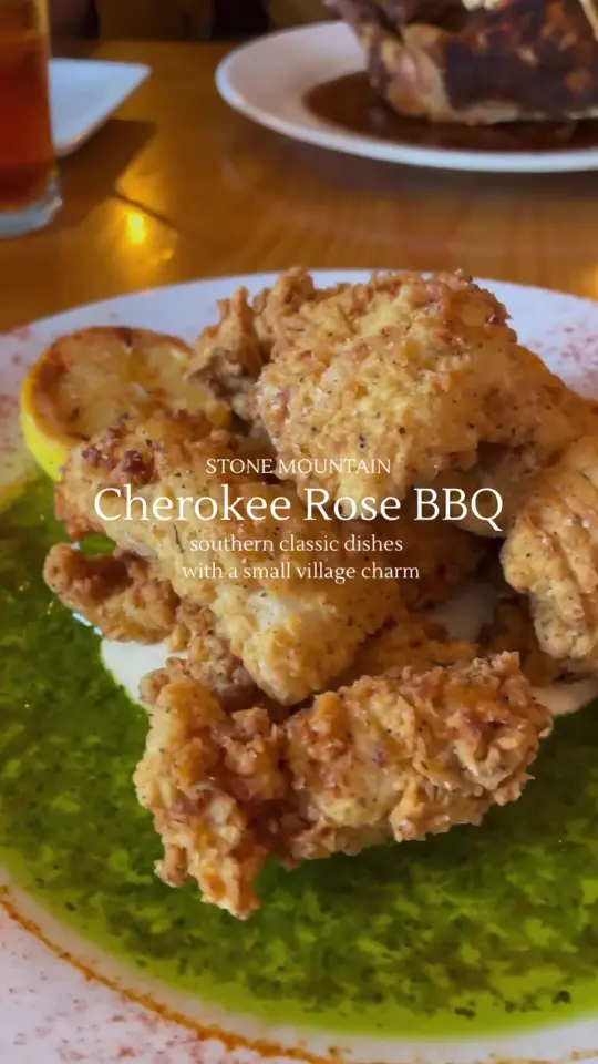 Cherokee Rose in Stone Mountain showing review, crispy okra w/ buttermilk ranch, cherrywood smoked chargrilled chicken, crispy thin cut catfish, oxtail collards, hash brown casserole, video by thegreedygirls on TikTok