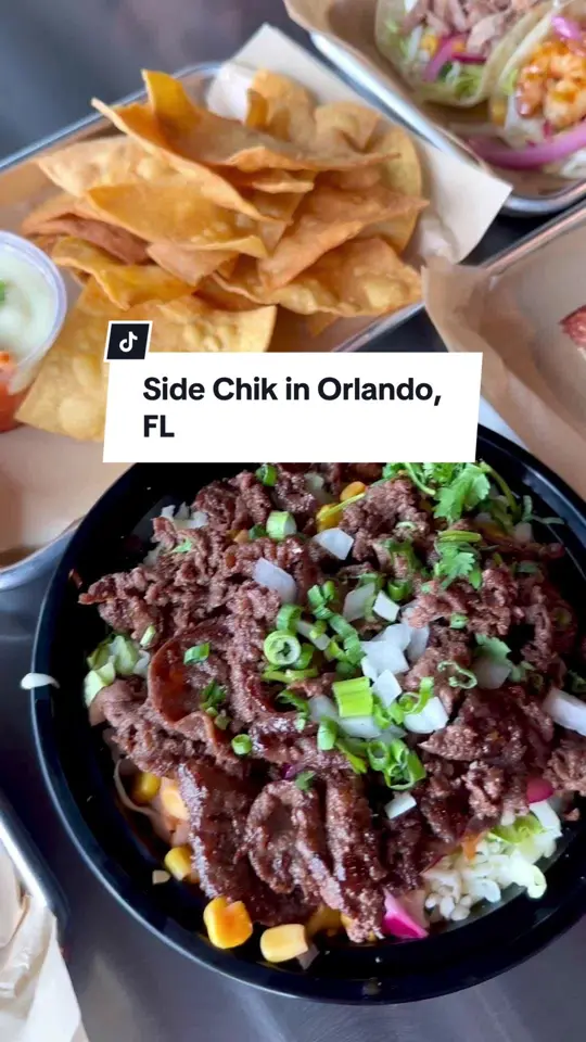 Chi Kin in Orlando showing restaurant visit, customizable bowls, burritos, tacos, kimchi queso, bulgogi carne asada, video by christinainitalia on TikTok