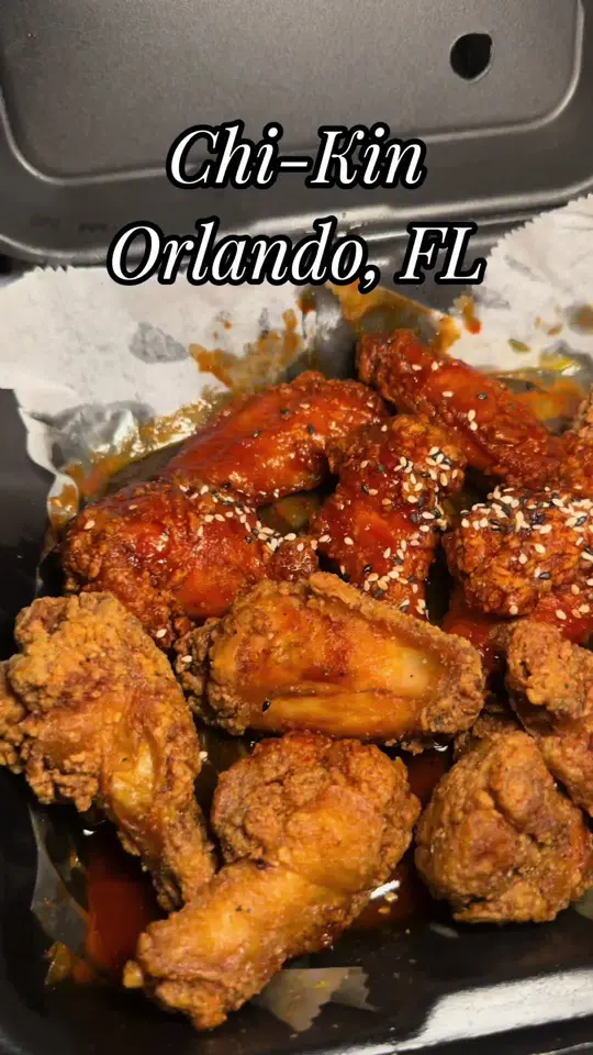 Chi Kin in Orlando showing review, korean style fried chicken, wings, tenders, loaded fries, video by foodonthespectrum on TikTok