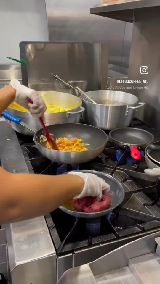Chibo-Ethiopian Coffee & Kitchen in Lilburn showing coffee, house-roasted coffee / food, vegan sides, tibs, made-to-order meals, video by Chibo Coffee on Facebook