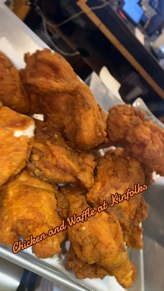 Chicken & Waffles at Kinfolk and More in Fort Pierce showing fried chicken, waffles, soul food, video by wroundtree on TikTok