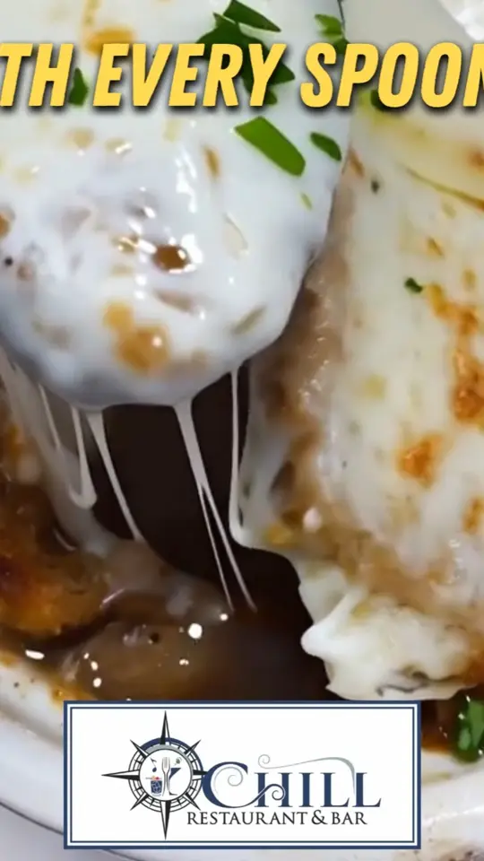 Chill Restaurant & Bar in St. Pete Beach showing food, french onion soup, video by Chill Restaurant & Bar on Facebook