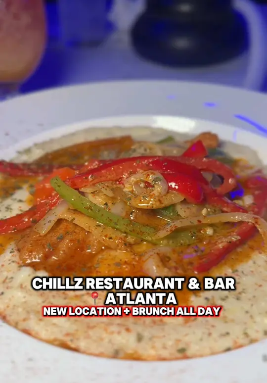 Chillz Restaurant and Bar in Atlanta showing review, crab claws over grits, lychee martini, r&b bingo, berry french toast, catfish and grits, chicken & red velvet waffles, video by twocentsliyah on TikTok