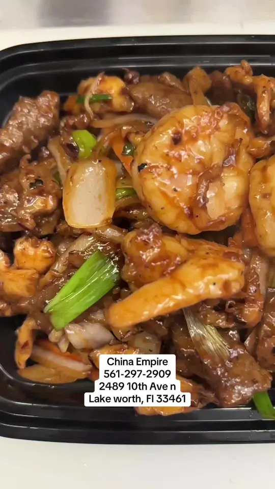 China Empire Restaurant in Lake Worth showing mongolian grill, beef, shrimp, chicken, onions, carrots, scallions, video by china.empire0 on TikTok