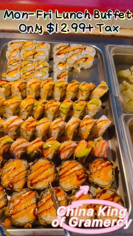 China King in Palm Coast showing buffet, chinese dishes, sushi, desserts, fresh fruit, watermelon, video by China King of Gramercy on Facebook