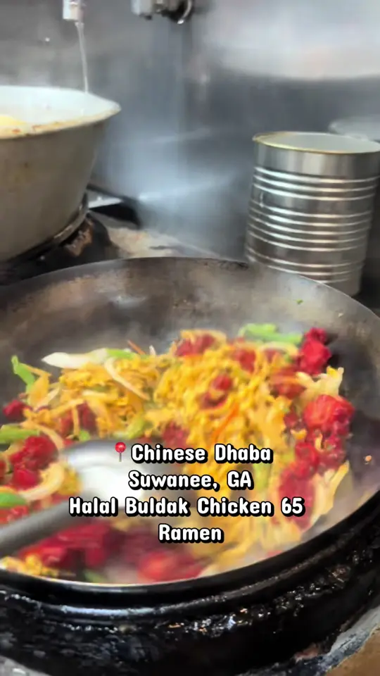 Chinese Dhaba in Suwanee showing food, buldak chicken 65 ramen, video by ariba.atl on TikTok