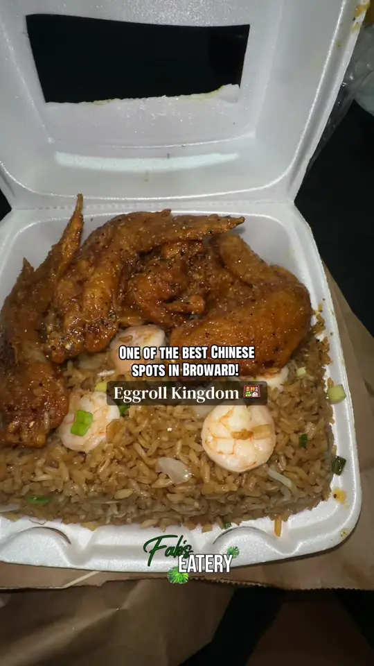 Chinese Kitchen in Fort Lauderdale showing food review, honey garlic lemon pepper wings, shrimp fried rice, krab rangoon, video by faburloso on TikTok