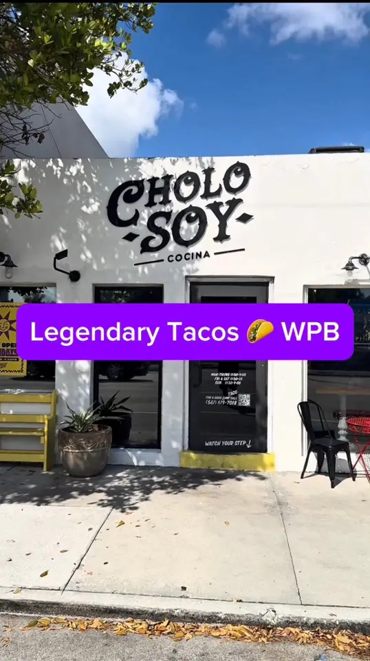 Cholo Soy Cocina in West Palm Beach showing visit, tacos, video by Baldy Eats on Facebook