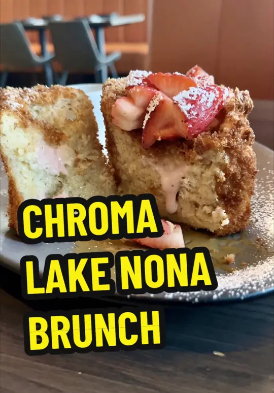 Chroma Modern Bar + Kitchen in Orlando showing cocktail, whispering angel rose; cocktail, espresso martini; food, loaded breakfast potatoes; food, molten strawberry french toast; food, chroma sliders, video by briantreks on TikTok