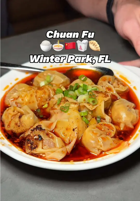 Chuan Fu 川府 in Winter Park showing review, sichuan-style chinese cuisine, family-style dishes, sichuan wonton, schuizhu beef w/ hot chili sauce, video by orlandofoodfinders on TikTok