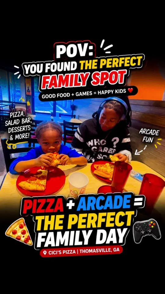 Cicis Pizza in Thomasville showing pizza, salads, pasta, desserts, arcade games, family visit, video by foreverwatson0 on TikTok