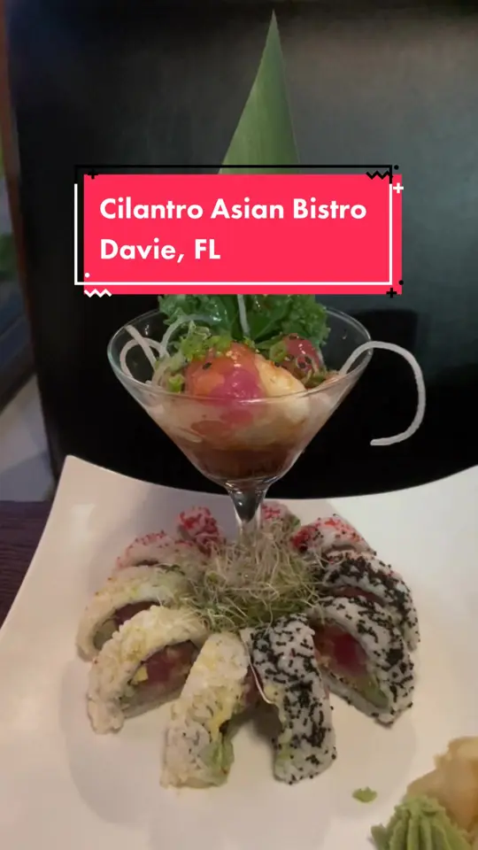Cilantro Asian Bistro in Davie in Davie showing food, vegetable miso soup, ikura sushi, spring rolls, chicken yellow curry, cilantro roll, thai doughnuts, video by savorthemoments on TikTok