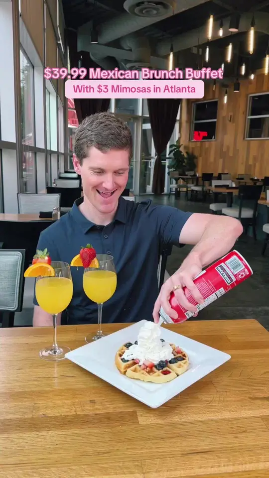 Cinco Mexican Cantina in Atlanta showing brunch, buffet, mimosas, birria tacos, monster hamburger, video by atlfoodies on TikTok