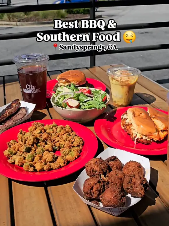 City Barbeque in Snellville showing review, pulled pork sandwich, nashville hot chicken sandwich, hush puppies, fried okra, salad, lemonade tea, banana pudding, video by su.savory.bites on TikTok