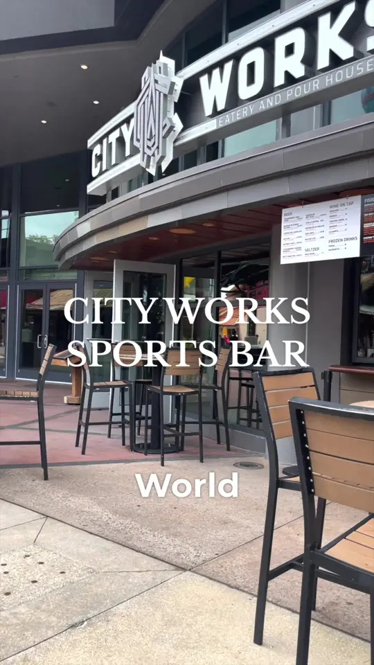 City Works Eatery And Pour House in Lake Buena Vista showing sports bar, atmosphere, visit, video by hannahmarsh_ on TikTok