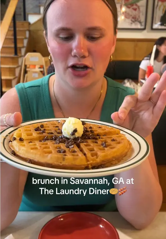 Clary's Cafe in Savannah showing brunch, waffles, bacon, cafe interior, video by laura_lucks on TikTok
