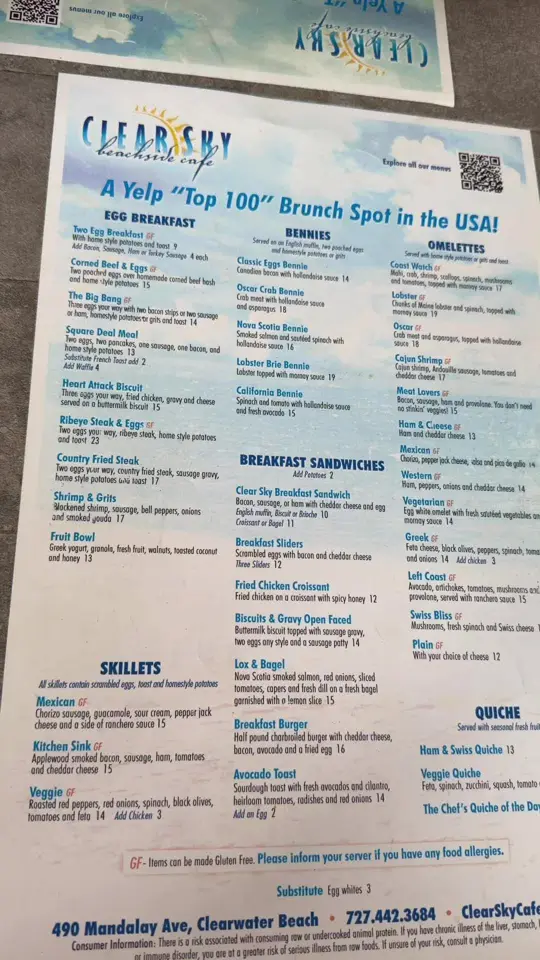 Clear Sky Beachside Cafe in Clearwater showing cocktail, espresso martini, cocktail, cold brew martini, food, bacon egg & cheese sliders, food, ham & cheese omelette, food, pancakes, video by heavenly_bites_nj on TikTok