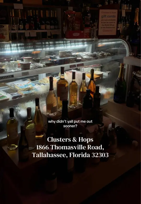 Clusters & Hops | Wine Bar • Restaurant • Retail Gourmet Shop in Tallahassee showing review, visit, food, drinks, wine, ambience, video by clairminza on TikTok