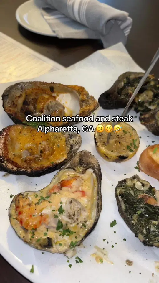 Coalition Steak and Seafood in Alpharetta showing food, oysters, video by kyrafacez on TikTok