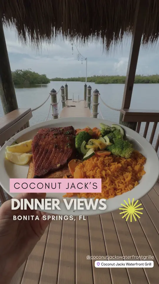  in Florida showing fresh seafood, tropical cocktails, waterfront views, lunch, happy hour, dinner at sunset, video by swflguide on TikTok