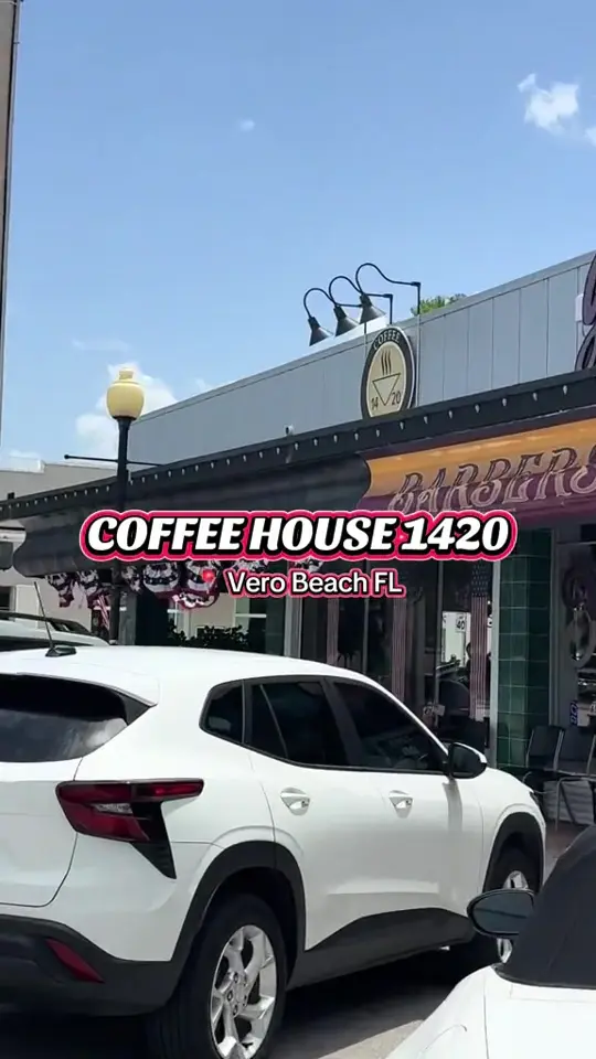 Coffee House 1420 in Vero Beach showing visit, atmosphere, customer service, coffee, honey matcha, video by mamaeatsworld on TikTok
