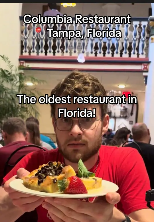 Columbia Restaurant in Tampa showing visit, review, croquettes, devil crab croquettes, stuffed piquillo peppers, video by itsryansreview on TikTok