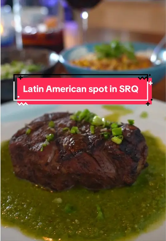 Comida in Sarasota showing review, tenderloin & chimichurri, sangria, churro donut holes, video by lacucinawithbelle on TikTok