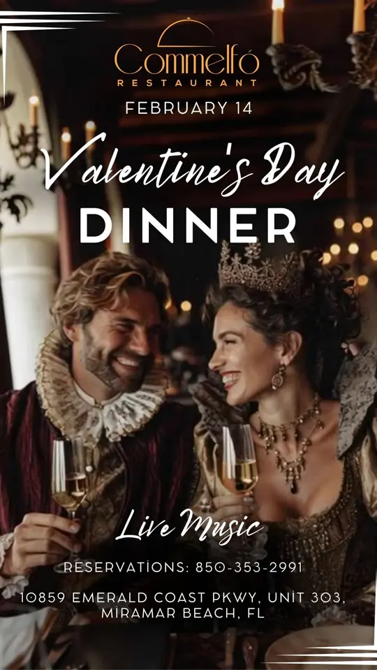 Commelfo Restaurant in Miramar Beach showing live music, special valentine's menu, regular menu, romantic atmosphere, restaurant visit, video by Commelfo Restaurant on Facebook