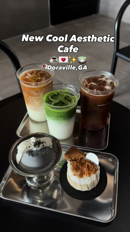 Common Coffee & Cocktails in Doraville showing cafe, visit, matcha latte, peach tea americano, black sesame pudding, matcha pudding, basque cheesecake, video by travelfoodie_ishy on TikTok
