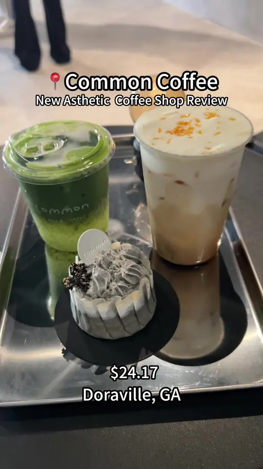 Common Coffee & Cocktails in Doraville showing coffee, uncommon latte / drink, yuzu matcha tonic / food, black sesame basque, video by mis.shelly on TikTok