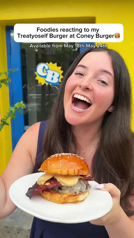 Coney Burger in Miami showing food, burger, video by treatyoselfeverywhere on TikTok
