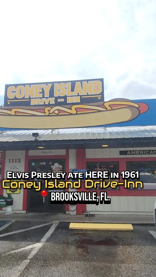 Coney Island Drive Inn in Brooksville showing review, footlong coney dog with mustard and onions, crispy pickle spears, frosty root beer, loose meat sandwich, video by adventuresofmyah on TikTok