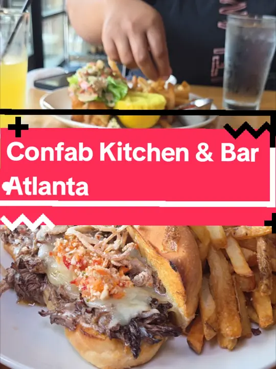 Confab Kitchen & Bar in Atlanta showing restaurant visit, lobster roll, baguette, outdoor patio, live music, video by antlantaeats on TikTok