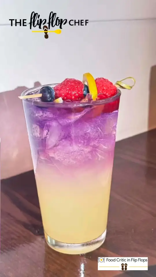 Connors Steak & Seafood in Alpharetta showing review, visit, ultraviolet lemonade, ribeye steak, strawberry shortcake, video by The Flip Flop Chef on Facebook