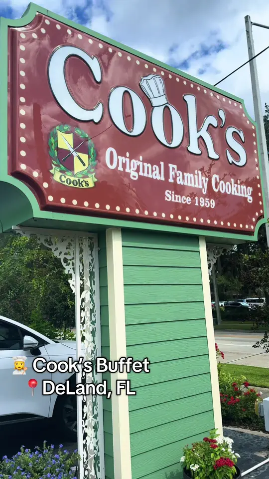Cook's Buffet Cafe Bakery in Deland showing review, roast beef, meatloaf, pork, fish, chicken, salad bar, dessert, video by blaha_blast on TikTok