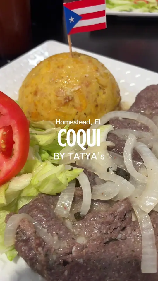 Coqui by Tayta's in Homestead showing food, mofongo, bistec encebollado, chicharrón de pollo, video by eatyourcontent on TikTok