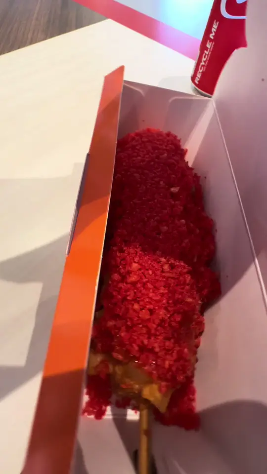 Corn Dogs by Mr Cow - Morrow in Morrow showing food review, korean corndog, flaming hot cheetos, video by contentbyerin on TikTok