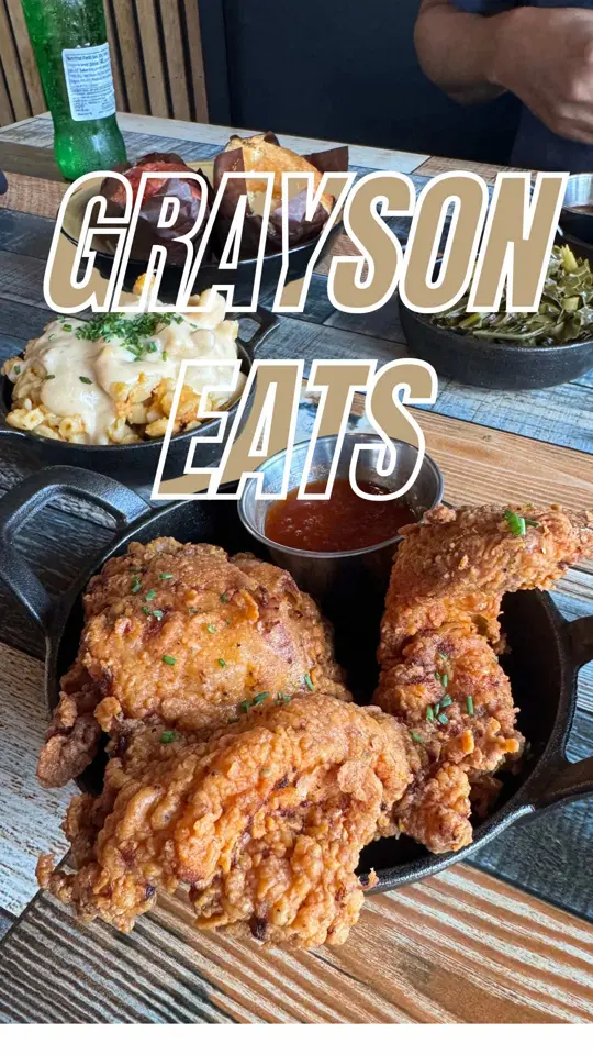 Cornbread + Butter by Chef Jernard Wells in Grayson showing review, fried chicken, collards, gouda mac, honey cornbread with strawberry honey butter, peach cobbler, video by listwithrenaej on TikTok