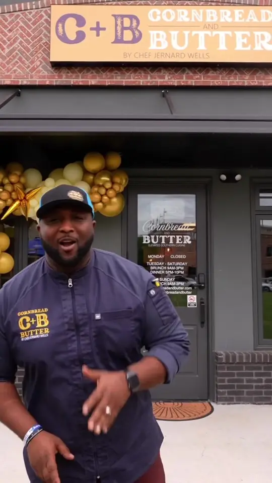 Cornbread + Butter by Chef Jernard Wells in Grayson showing restaurant opening, visit, video by mycleotv on TikTok