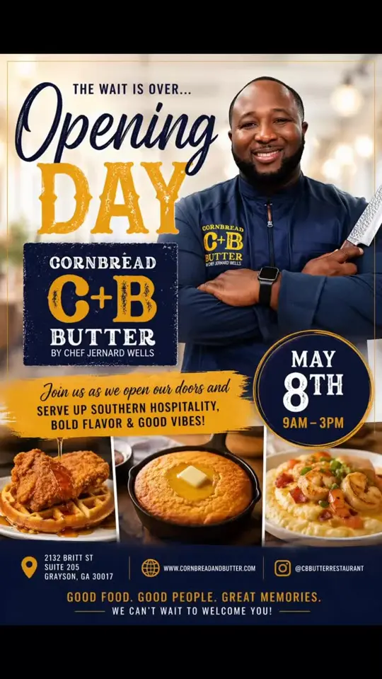Cornbread + Butter by Chef Jernard Wells in Grayson showing restaurant opening, upscale american cuisine, southern flavor, brunch, mother's day weekend, video by Chef Jernard on Facebook