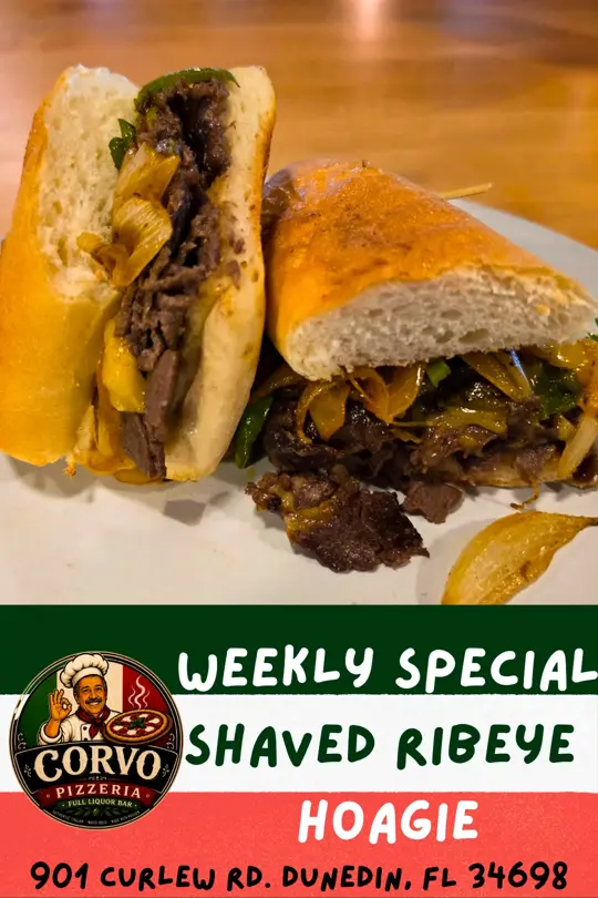 Corvo’s Pizzeria & Bar in Dunedin showing food, shaved ribeye steak hoagie, video by Corvo's Pizzeria and Bar on Facebook
